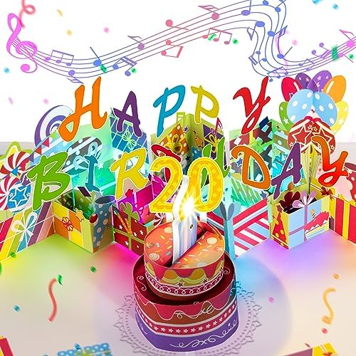 20TH Musical Birthday PopUp Card, Blowable LED Light Candle 3D Cards with Song ‘HAPPY’, Applause Cheers Sound,Color-Changing Lights,Colourful Greeting Cards for Young Women Men Turning 20 Years Old