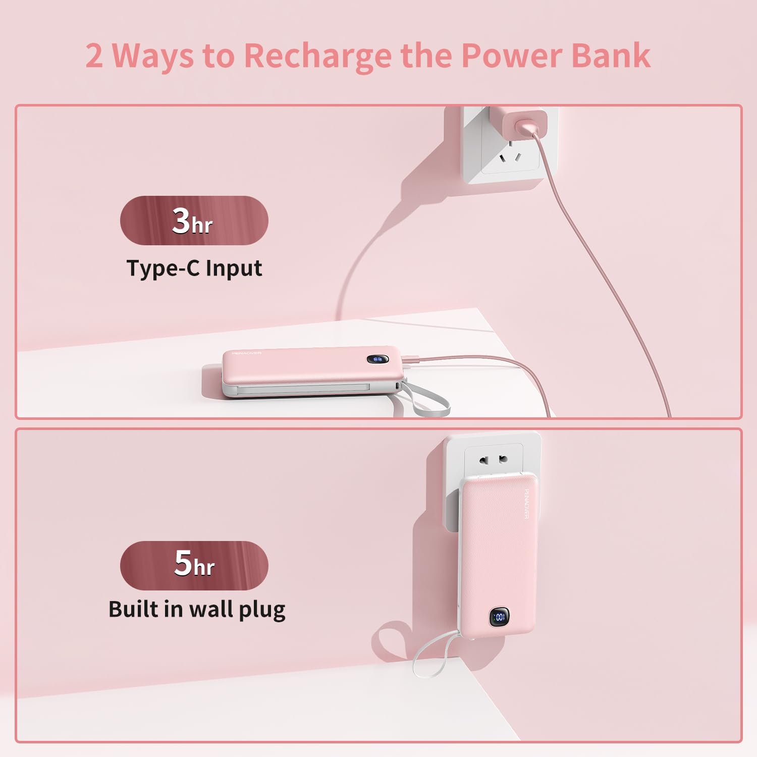 penaover Cargador portátil con cables integrados y enchufe de pared de CA, delgado 10000 mAh, 22,5 W, batería externa USB-C de 5 salidas, 2 entradas, compatible con iPhone, Samsung, Android, etc