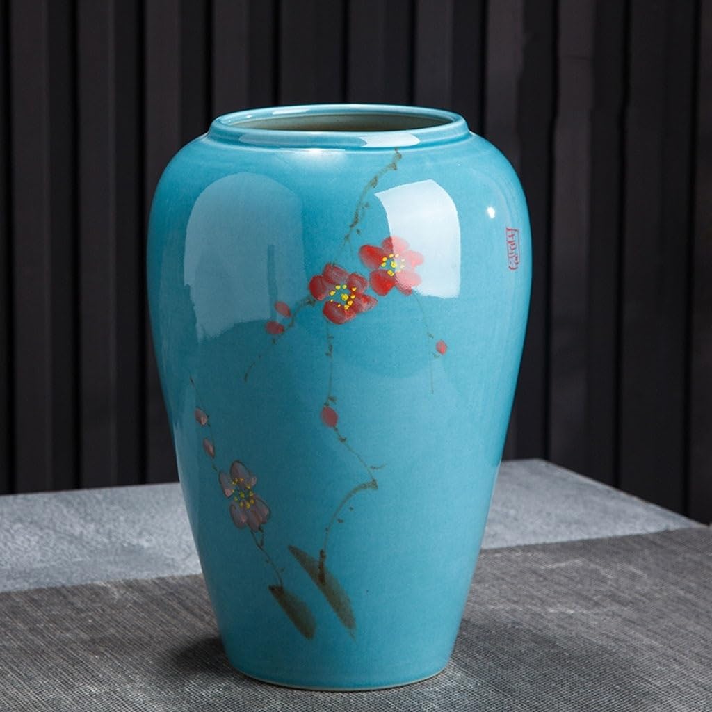 Florero Jarrón de cerámica Flor Ciruelo Azul Retro, Conjunto Tres Piezas, Mesa arreglo Flores pintadas, decoración Floral, Maceta, Porcelana China