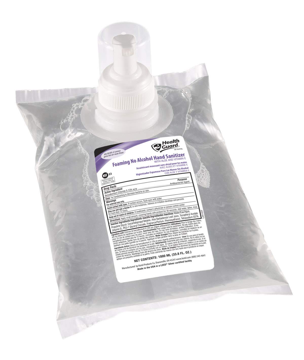 Kutol 68210 Foaming No Alcohol Hand Sanitizer, 1000 mL Refill Bag
