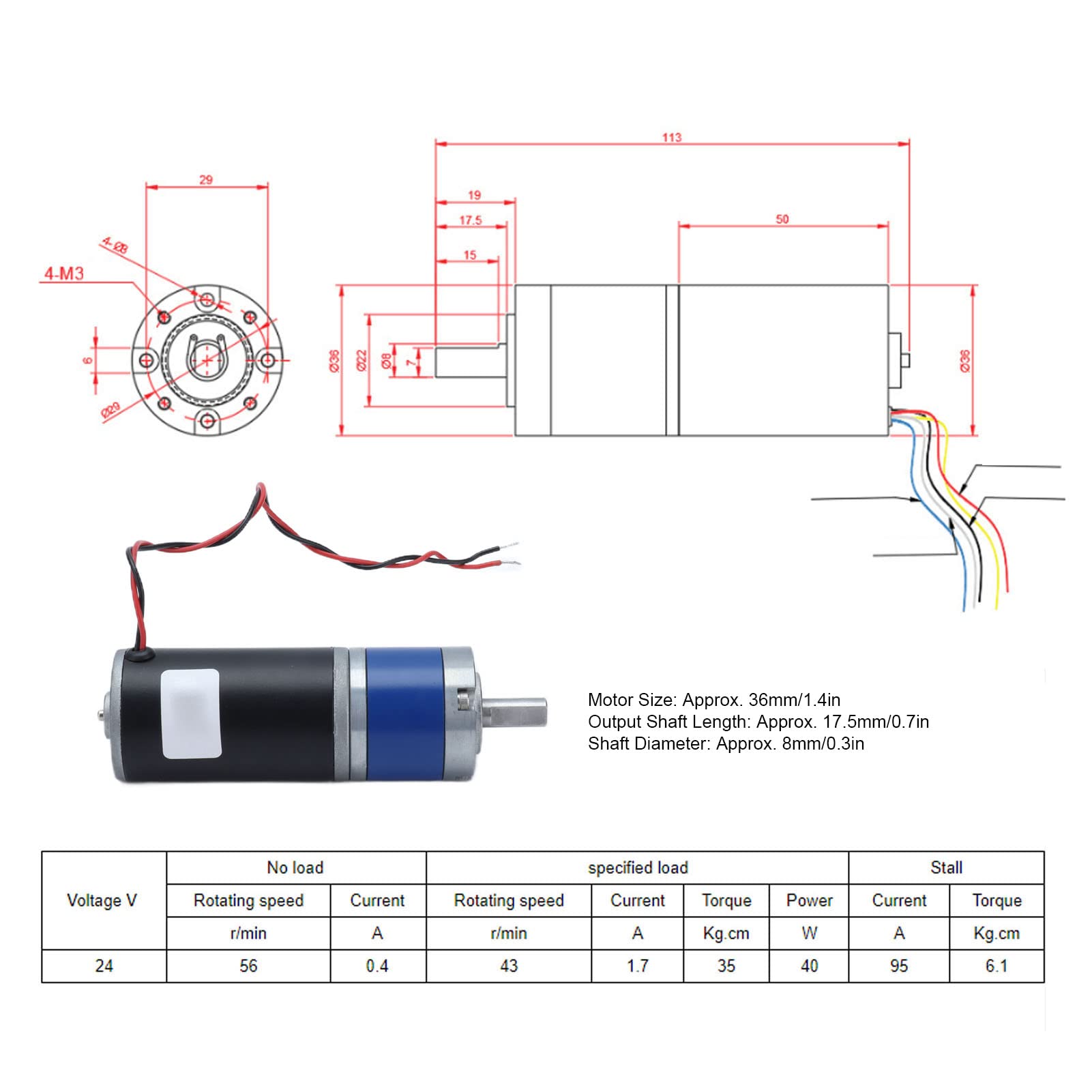 Motor de engranaje planetario eléctrico Tyenaza 36ZY DC, motor de engranaje de velocidad ajustable estable 24V (56RPM)