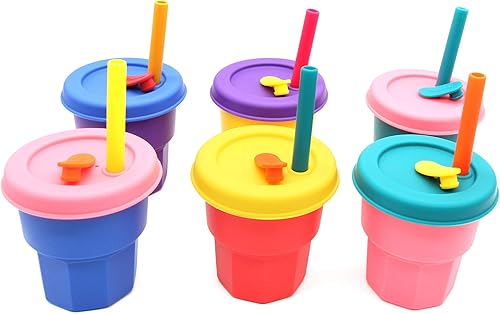Miniatura 9 de Paquete de 2 vasos de silicona reutilizables de 14 onzas para niños con pajitas y tapas, a prueba de fugas e inastillables, sin bisfenol A (BPA)