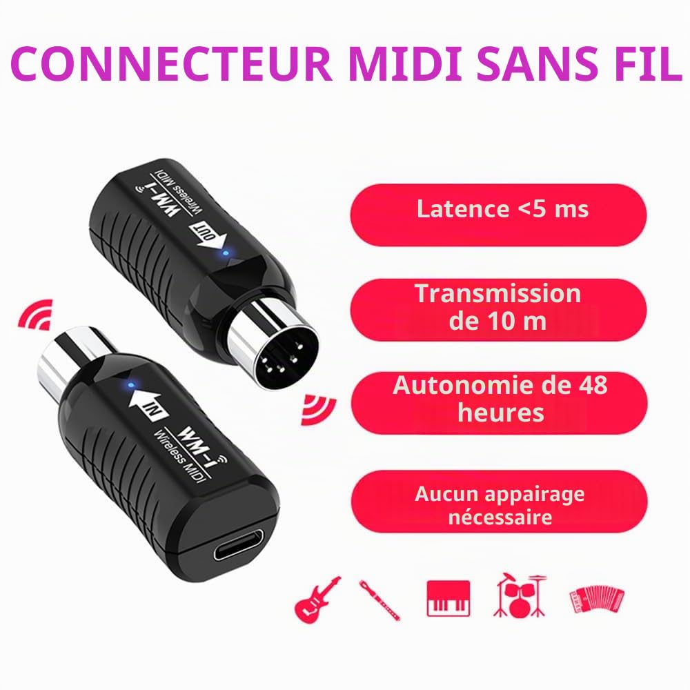 Sanfoelek Adaptateur MIDI sans fil o émetteur récepteur 2,4 GHz ultra faible latence intégré silencieux connecteur MIDI portable pour instruments à vent guitare piano numérique clé