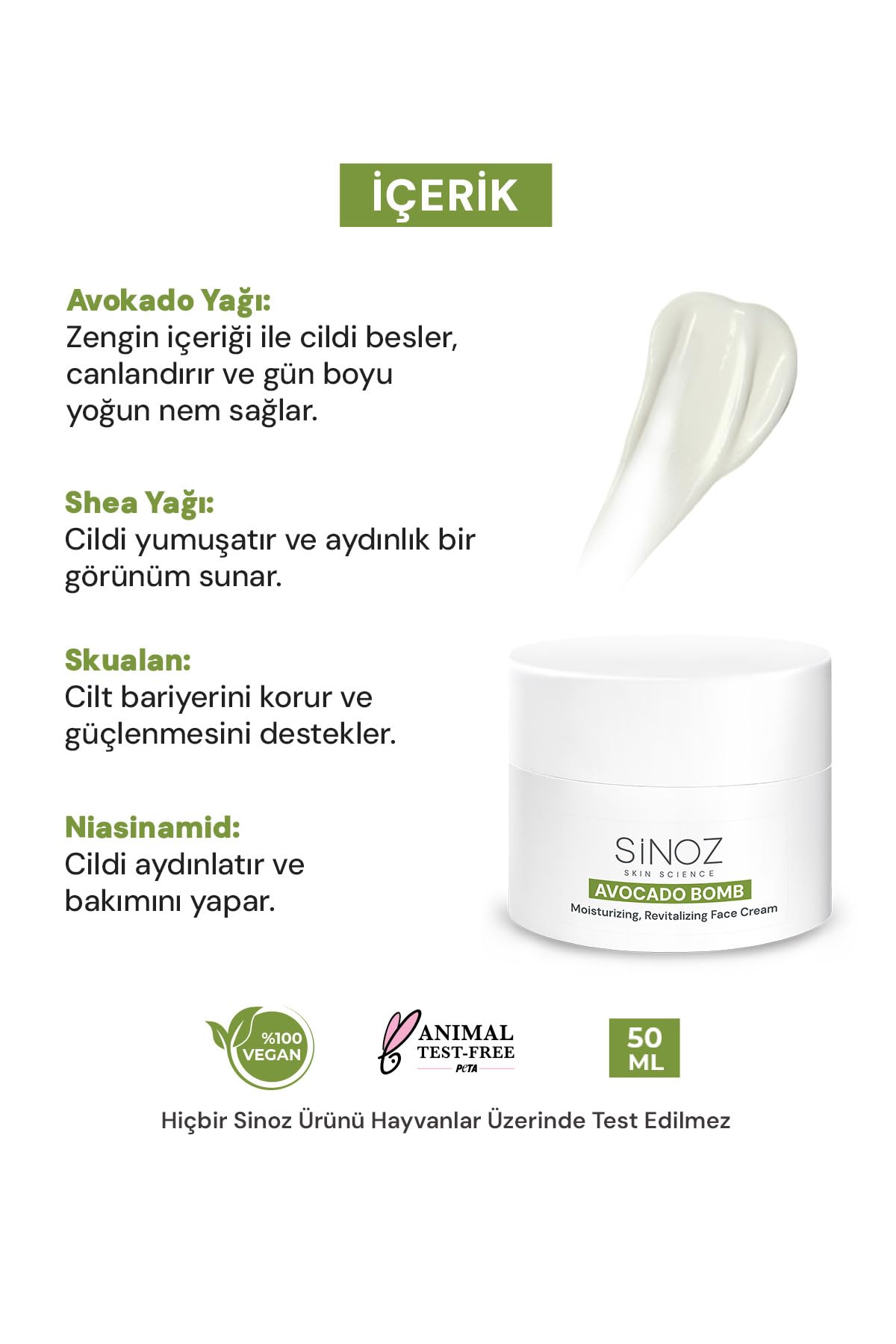 Sinoz Avokado Bomb Canlandırıcı Nemlendirici Yüz Bakım Kremi 50 Ml