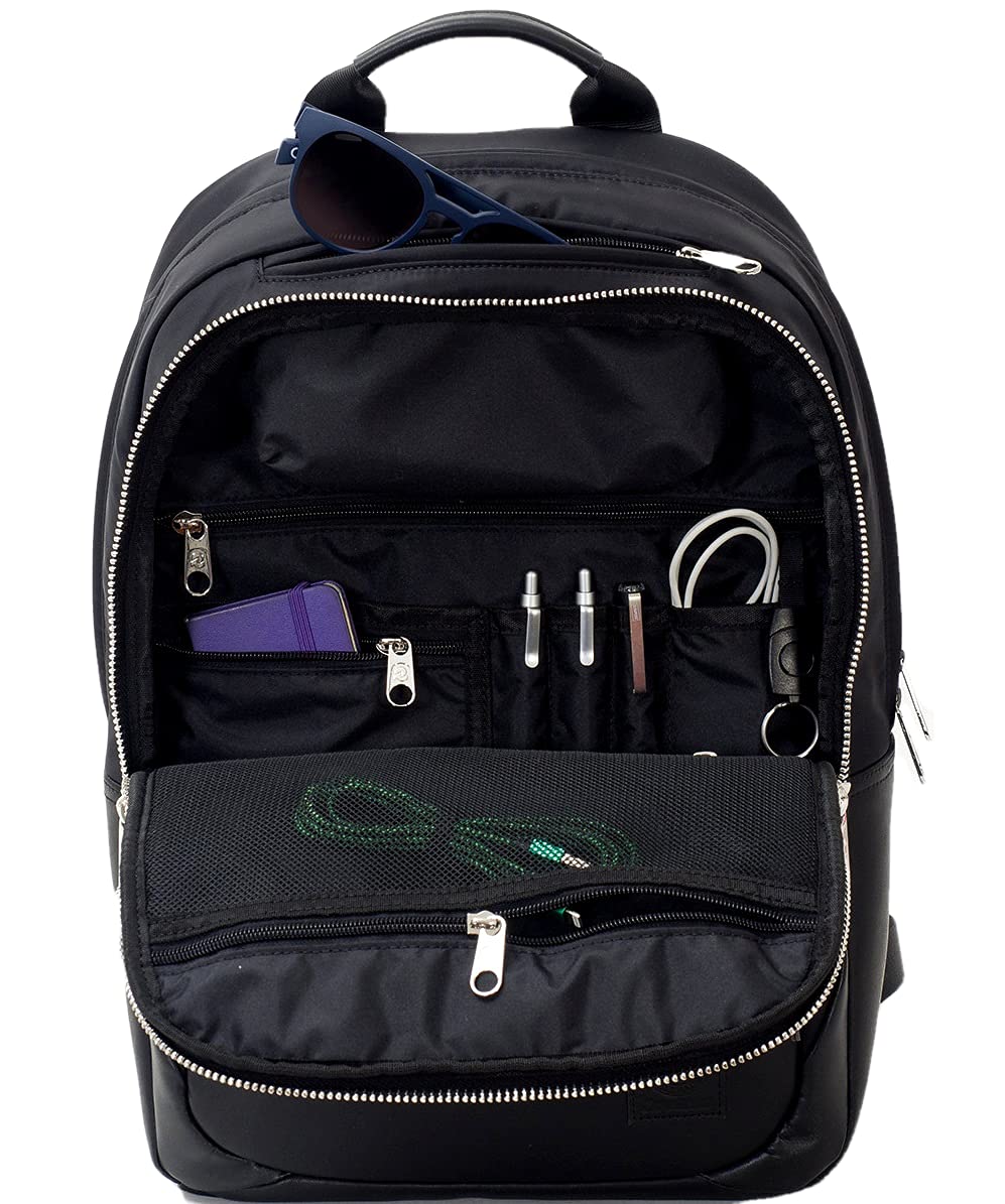 Invicta Zaino Ufficio Lavoro Biz M, Nero, Zaino In Pelle con Tasca Porta PC Portatile/Tablet e USB Plug, Tasche Multifunzione e Tasca con Organizer, Ufficio, Vaggio e Lavoro, Unisex