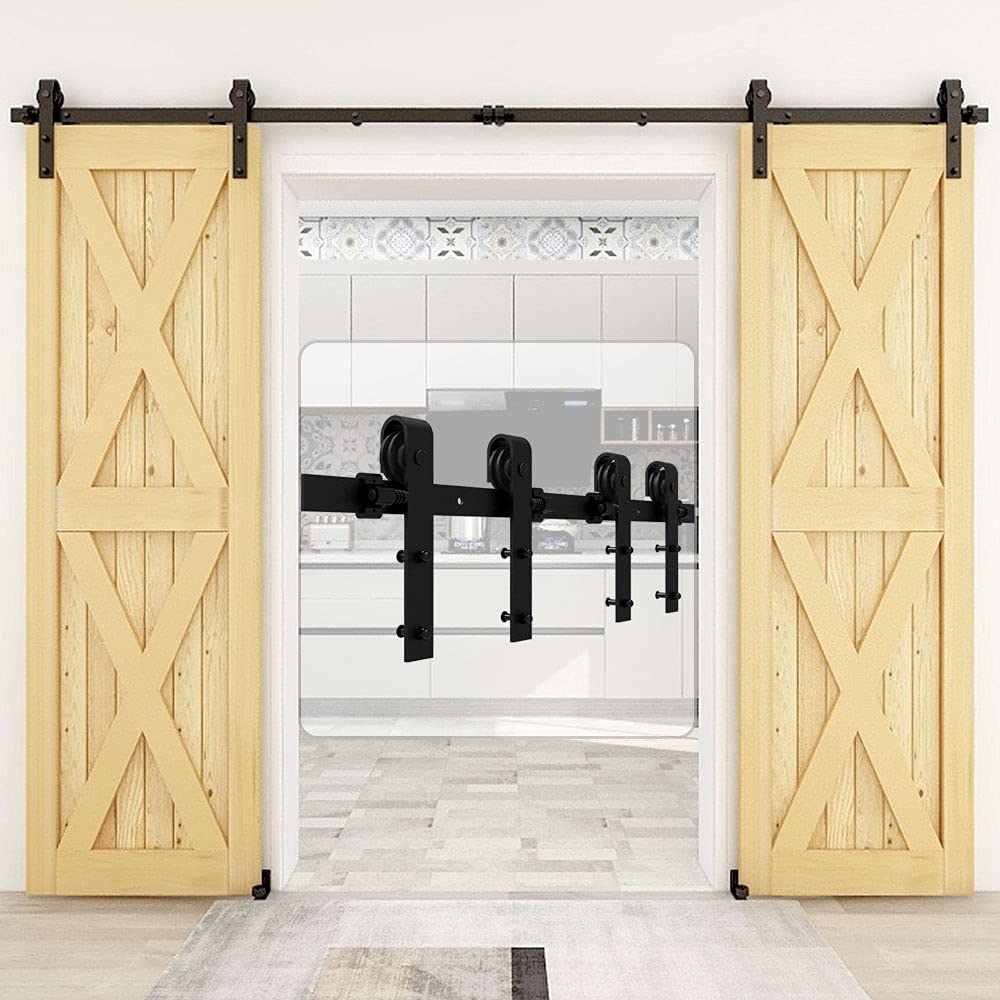 CCJH 6FT/180cm Sliding Barn Double Door Hardware Track Kit J Shape Roller Hanger Set with Adjustable Floor Guide