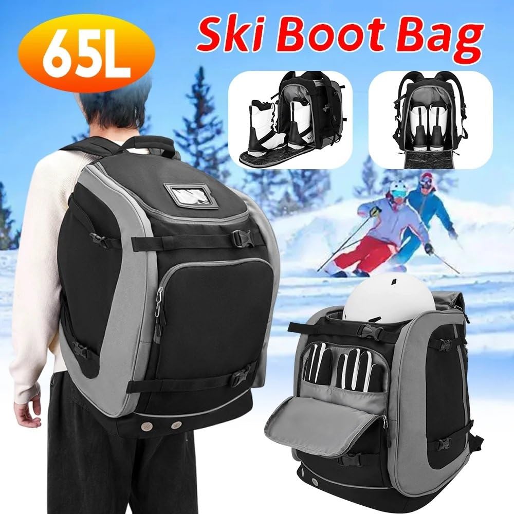 Zaino da sci da 65 litri, grande capacità, regolabile, impermeabile, in tessuto, per casco, abbigliamento, uomo e donna