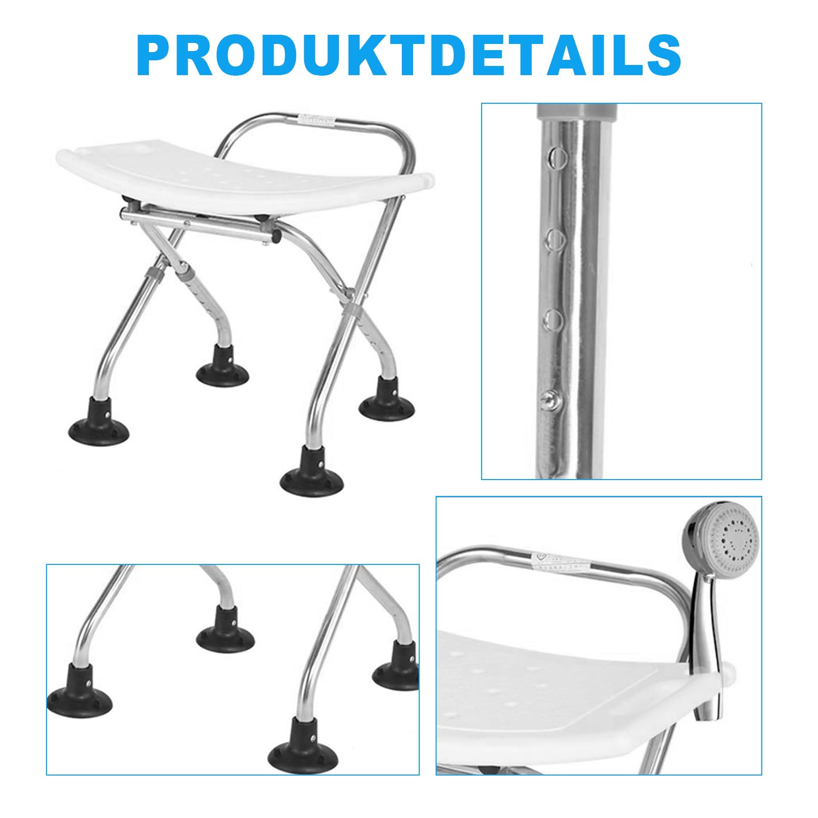 Taburete de ducha plegable de altura ajustable, silla de ducha antideslizante con pies de goma, taburete de baño estable, incluye pelota de ducha y peine de masaje para el cabello, asiento de ducha