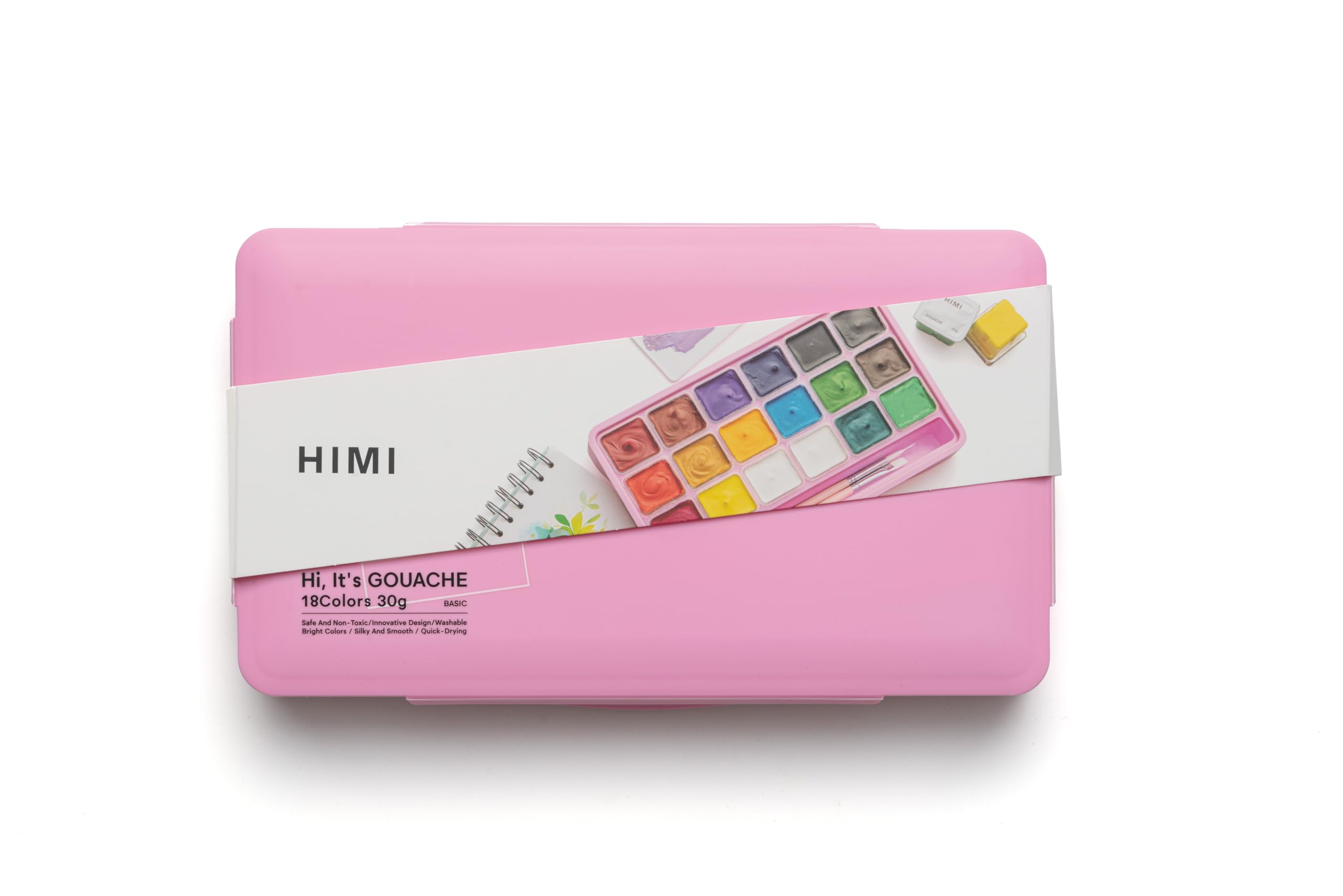 HIMI Jelly Cup Gouache Set 18 Paint Colours, 3 Brushes, Paint Pallete, Pink Case, Add Water to Reactivate, Smooth, Rich Colours, Gift, Artist Art Supplies, Large Scale Art Work to Fine Details