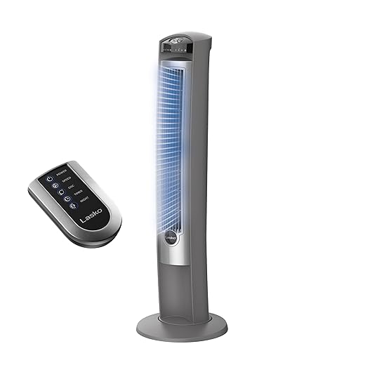 Lasko Portable Electric 42" Oscillating Tower Fan with Nighttime Setting, Timer and Remote Control for Indoor, Bedroom and Home Office Use, Silver, T42951
