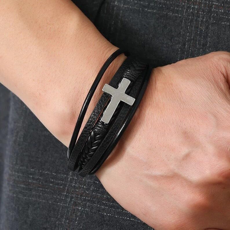 Pulsera de cuero con cruz para hombre y mujer en acero inoxidable miniatura 2