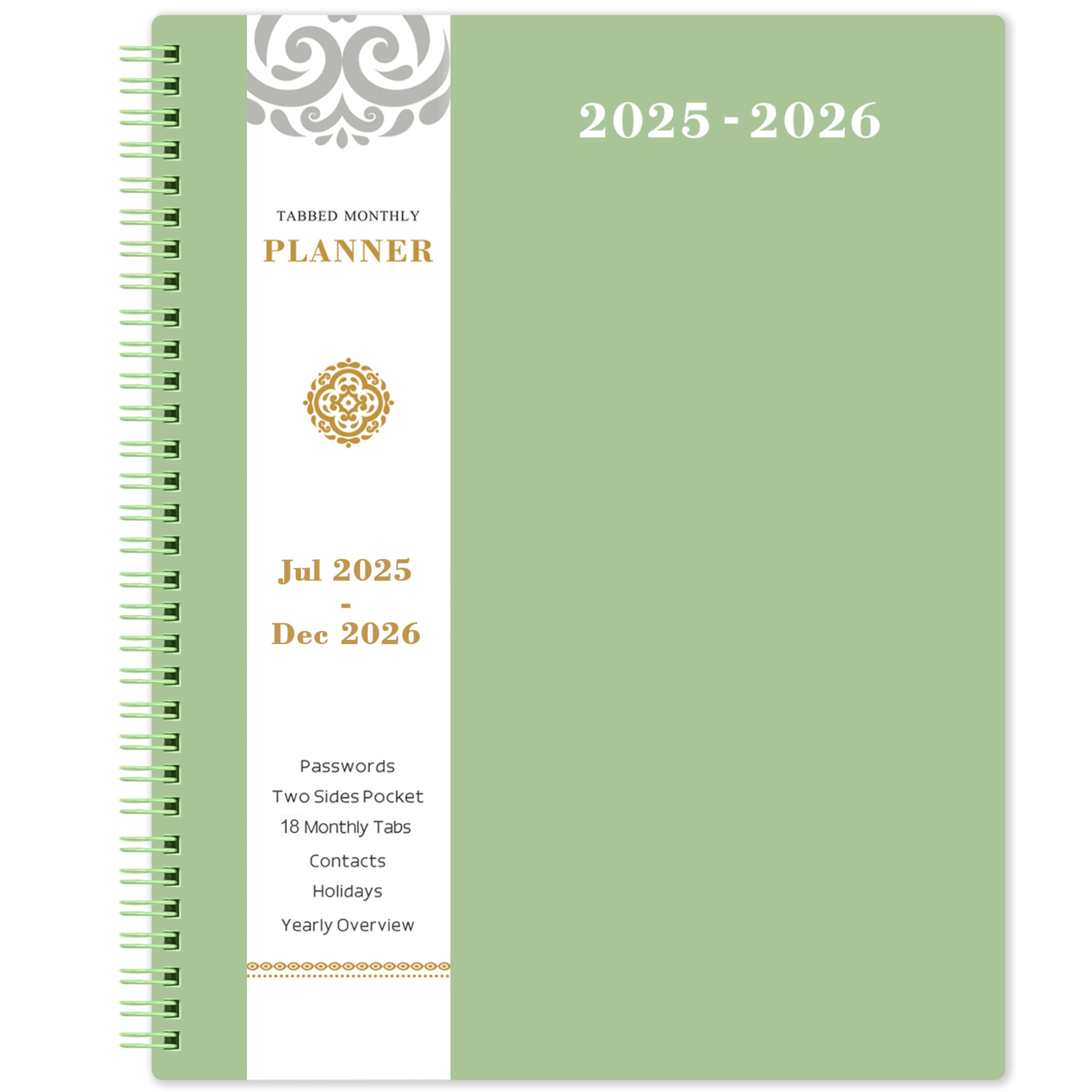 Monthly Planner 2025-2026 - JUL 2025 - DEC 2026 Planner 9" x 11", 18 Monthly Planner/Calendar, with Tabs, Pocket, Label, Contacts and Passwords, Twin-Wire Binding, Green Cover, Waterproof Design