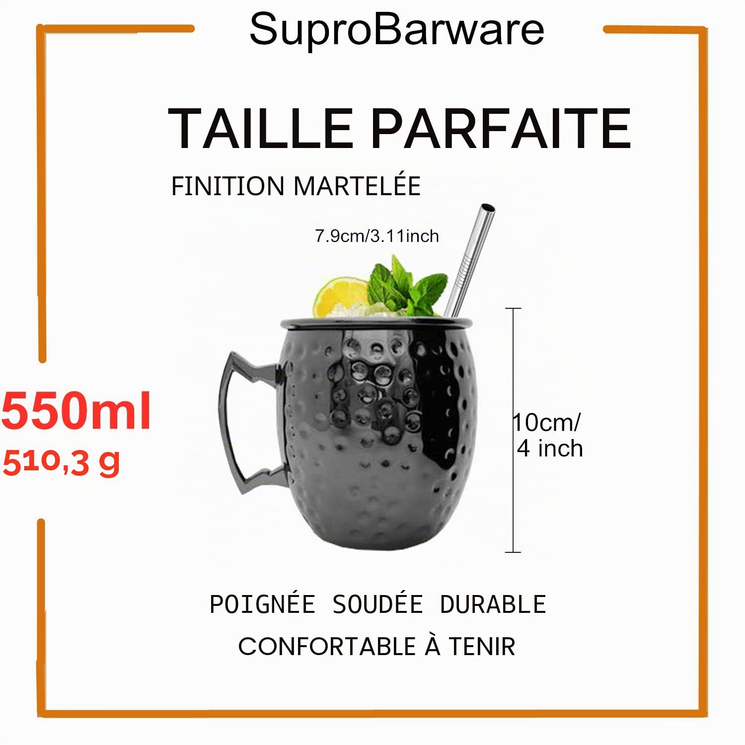 Moscow Mule Mug - Lot de 4 tasses avec double jigger en acier inoxydable plaqué noir 18 oz, parfait pour boisson froide 4 pièces noires.
