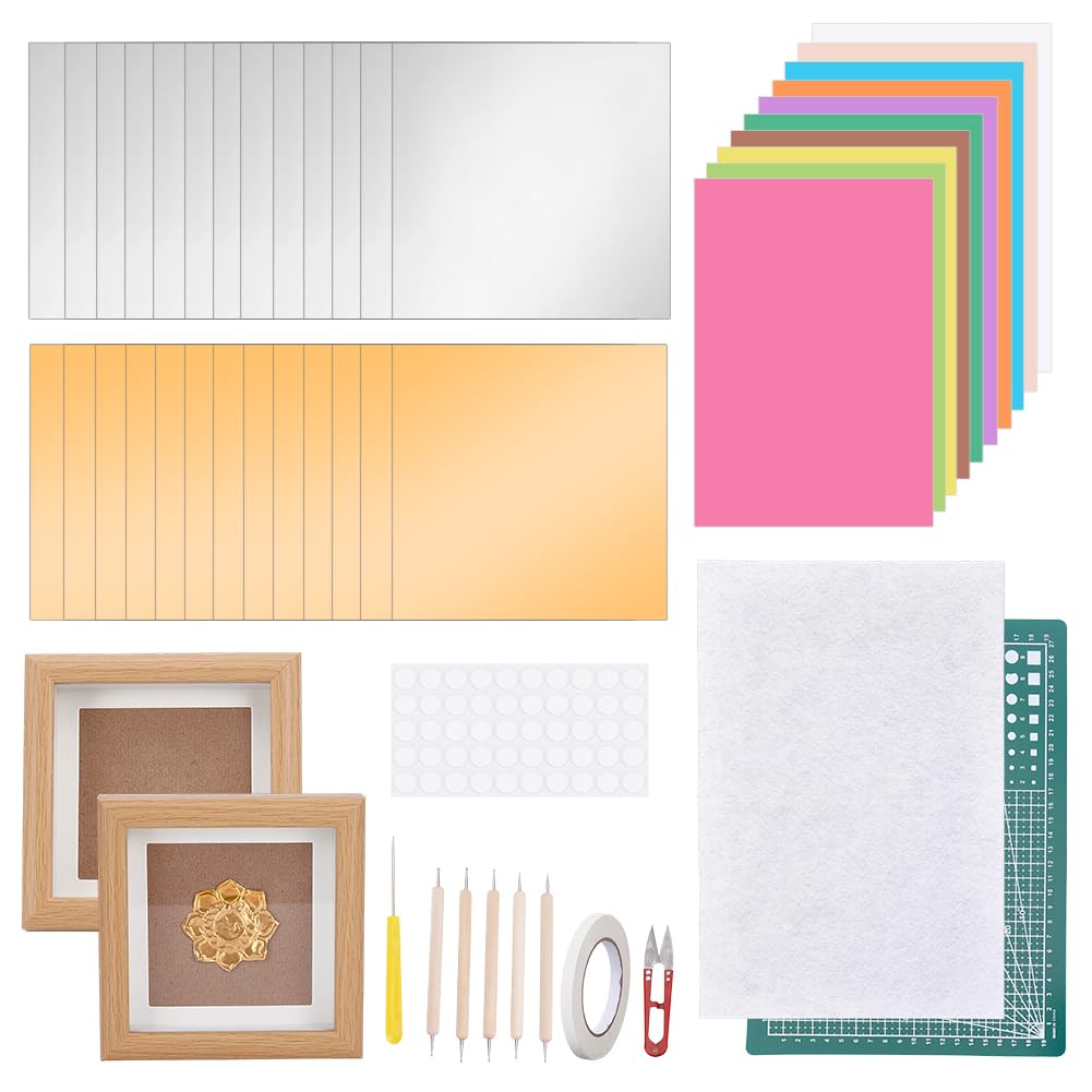 OLYCRAFT 30Pcs Foil Paper Art Craft Kit 12x12cm Metal Embossing Foil Sheets Tin Aluminum Art Paper Kit with Beige Photo Frames Drawing Pad Embossing Tools for Crafts Decorative DIY Handmade