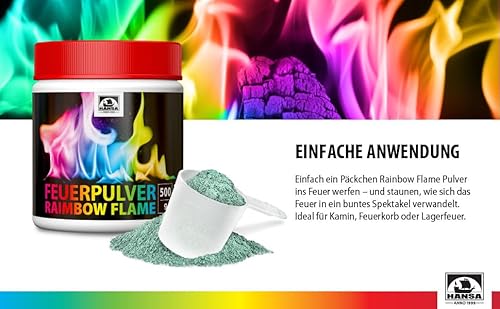 HANSA RAINBOWFLAME Feuerfarben Pulver für buntes Feuer (500g.) Trockenpulver für Flammenfärbung | Feuer Farbe für Feuerstellen, Kamin, Ofen | Feuerpulver