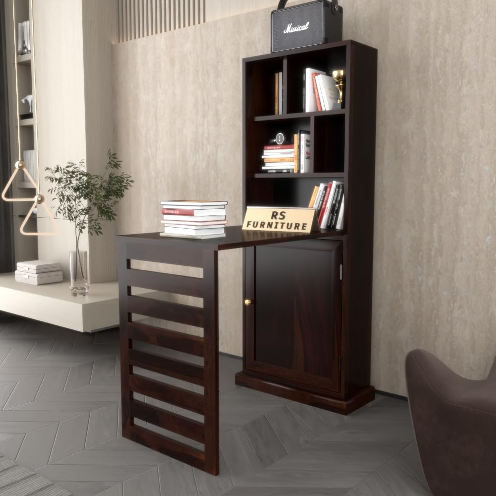 Sheesham Wood Study Table with Bookshelf & Storage Cabinet | Space Saving Writing Desk for Home Office & Study Room (Walnut Finish)-image-0