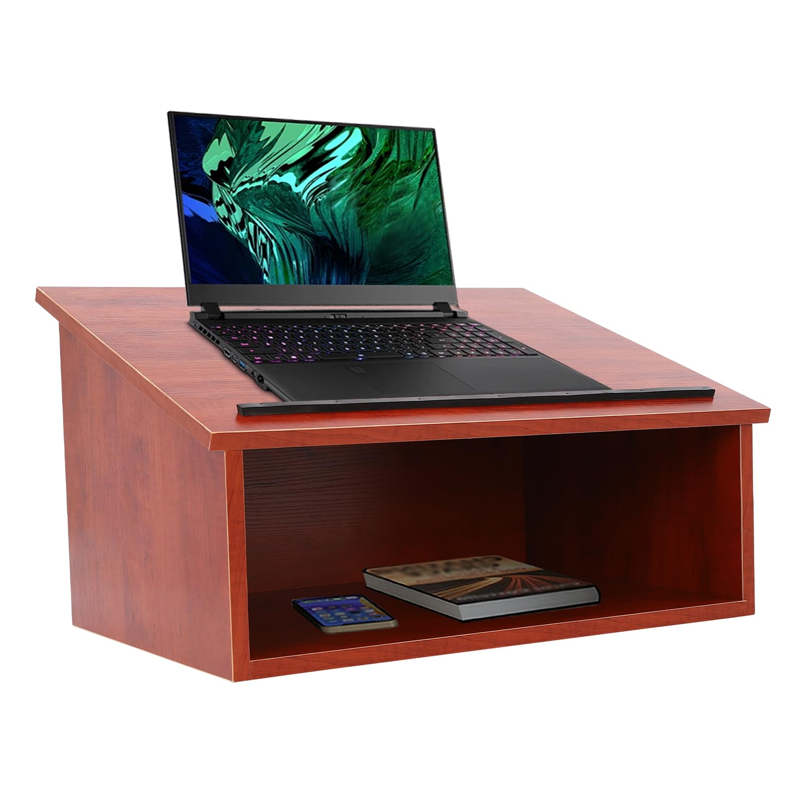 Portable Podium Tabletop Lectern with Bookstop and Storage Shelf, Brown