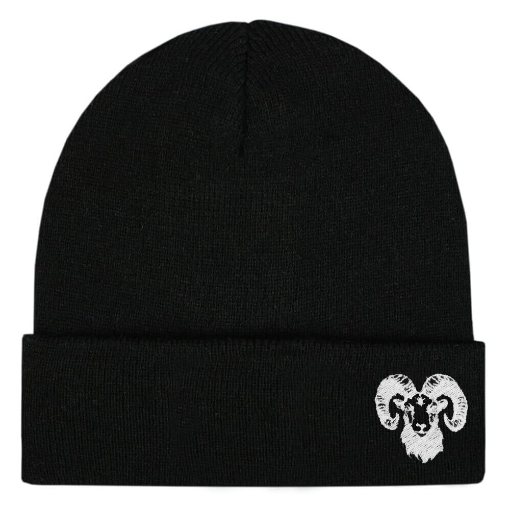 Men's Sheep Ram Head Embroidered Thermal Knit Rib Beanie Hat (UK, Alpha, S, L, Black)