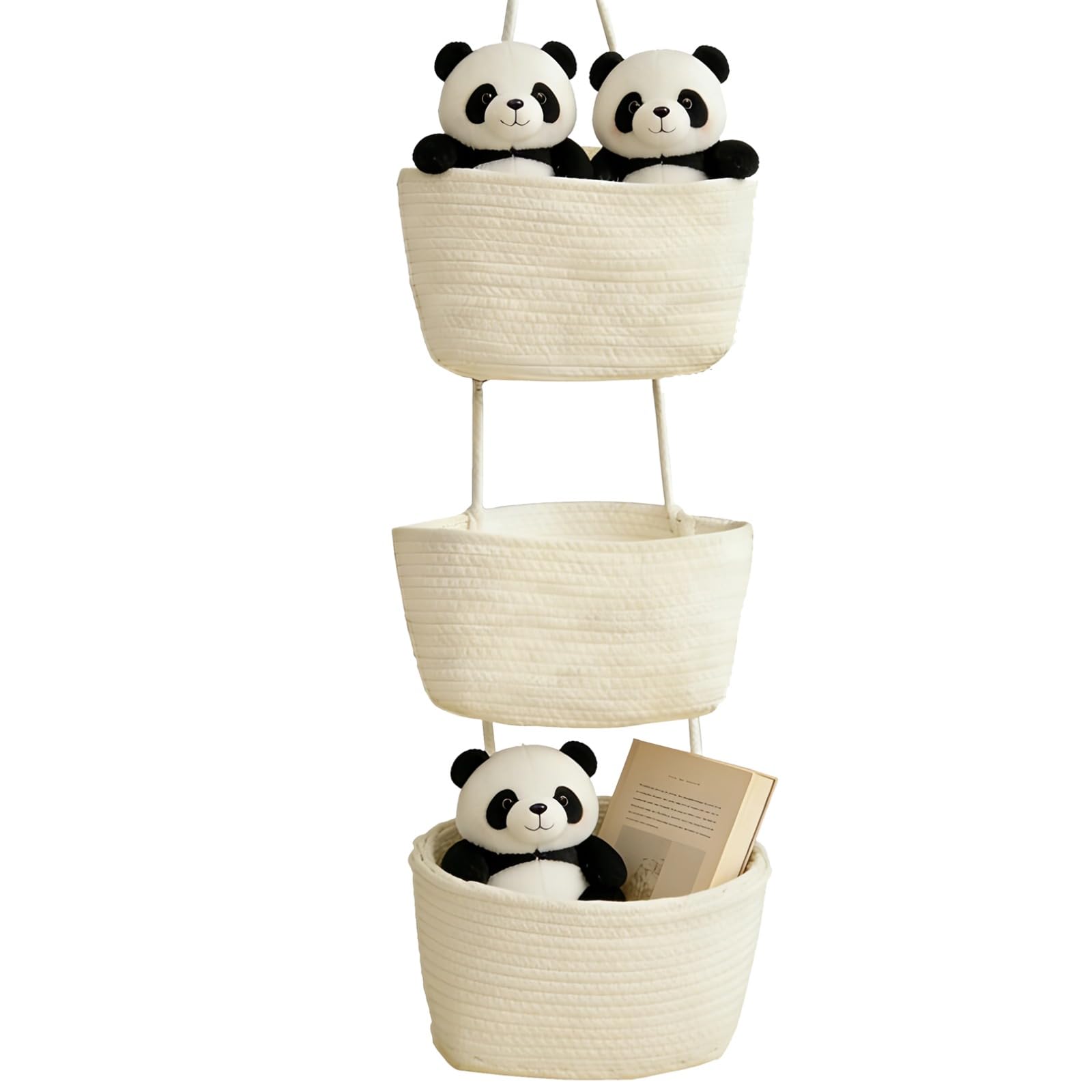 3 Layer Cotton Woven Hanging Baskets, 105 cm Overall, Wall-Mounted Storage Basket for Kitchen, Bathroom, and Closet, Space Efficient Organizers, White