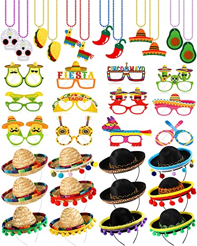 Yunsailing 36 Pcs Fiesta Party Supplies Fabric Straw Sombrero Headbands Necklaces Eyeglasses for Mexican Party(Vivid Style)