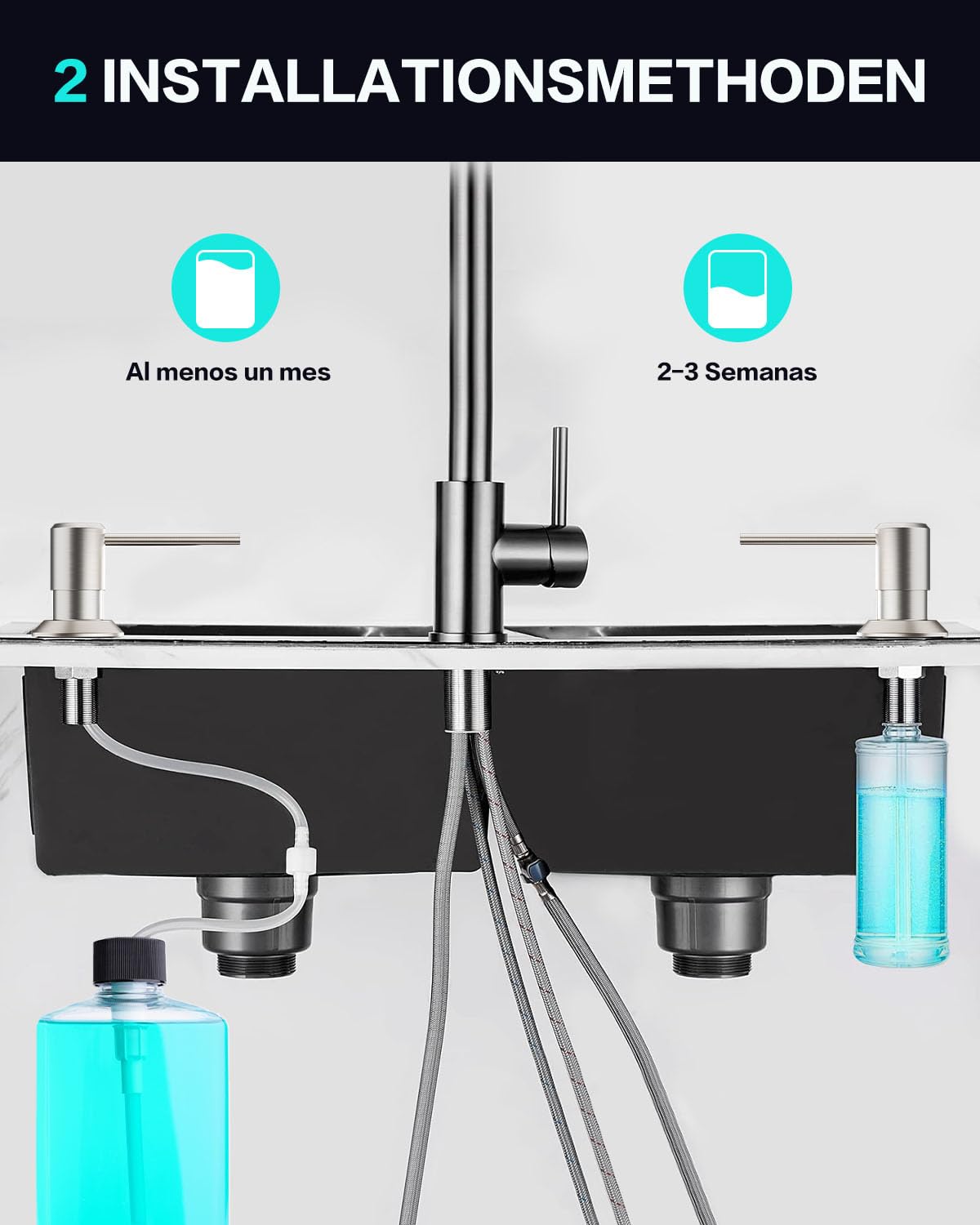 Dispensador Jabon Cocina Bajo Encimera, Dosificador para Fregadero | Dispensador de Detergente con Botella de 300ml y Manguera de 1,2 M, Dispensador Líquido Cobre, Tuerca Metal, Cepillado Plata
