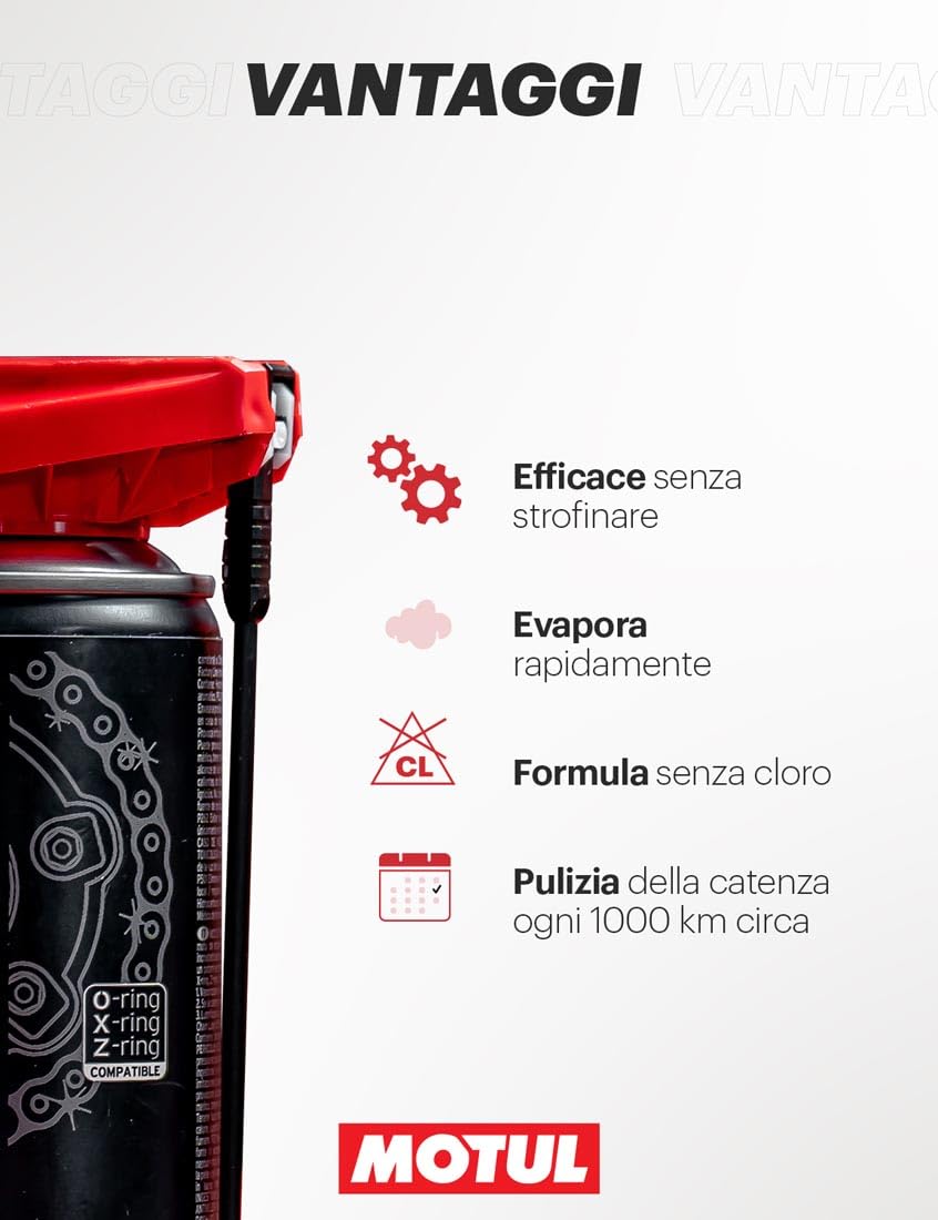 Motul - Spray Sgrassante per Catene di Moto - Sgrassante Molto Potente per Moto da Strada e Fuoristrada - Compatibile con O-Ring, X-Ring, Z-Ring - Evapora Rapidamente - MC Care Chain Clean C1-400 ml