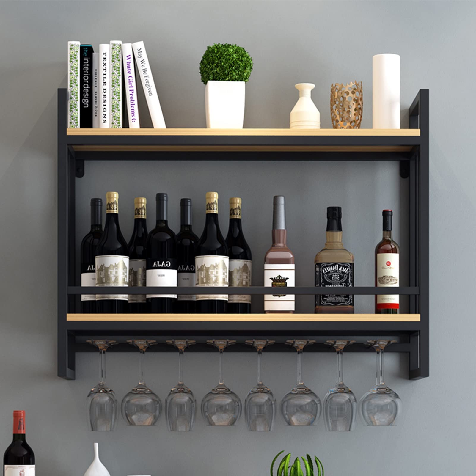Dahey Set Di 2 Mensole Galleggianti Con Portabicchieri E Ganci – Rustico In Legno E Metallo, 43x16x9 Cm – Organizer Da Cucina E Bar