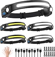 ZIOEYIUE Rechargeable Headlamp 5 Pack - 230° Wide Beam, Motion Sensor, 2 Spotlights, 5 Modes for Running, Camping, Hard Hat