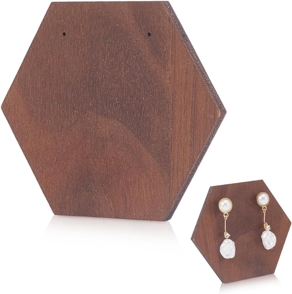 Beebeecraft 3Pcs Earring Holder Stand Coconut Brown Hexagon Walnut Wood Earring Organizer Stand Display with 2 Holes for Hanging Studs Storing Showcasing Selling