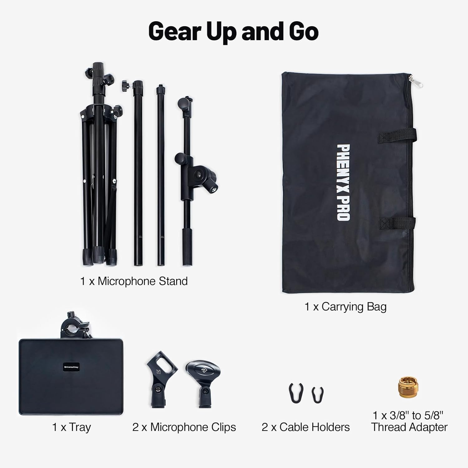 PHENYX PRO Microphone Stand with 22x16cm Large Tray, Adjustable Stand Height, Dual Mic Clips & Carrying Bag, Ideal for Live Streaming, Recording, and Speeches （MA-S1）