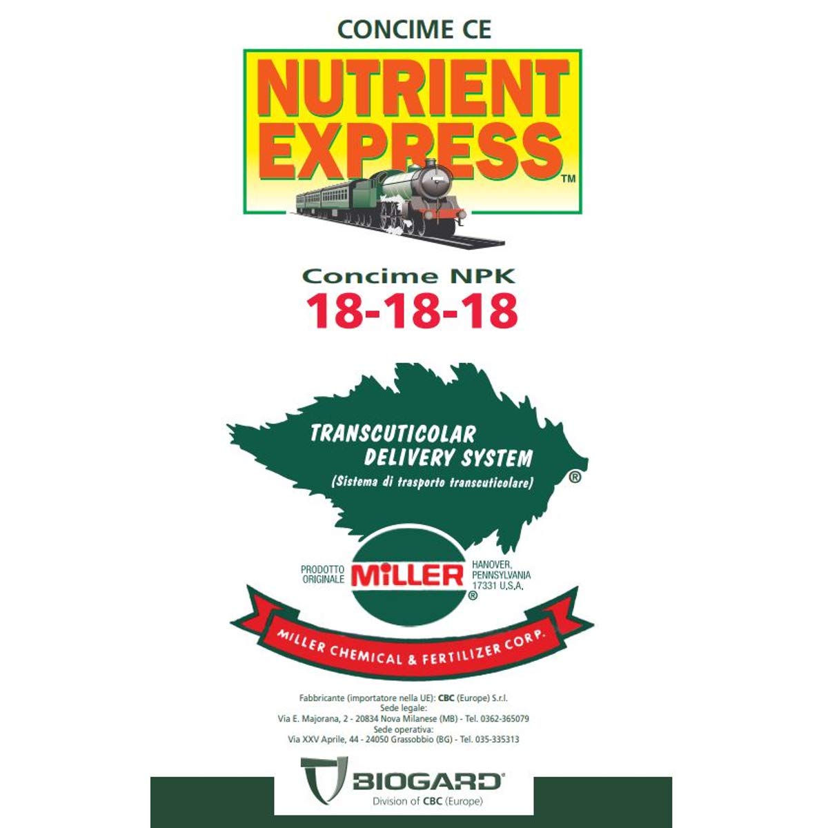 Concime NPK Miller Nutrient Express 18-18-18 5 lb (2.27 kg) con Boro (B), Rame (Cu), Ferro (Fe), Manganese (Mn), molibdeno (Mo) e Zinco (Zn)