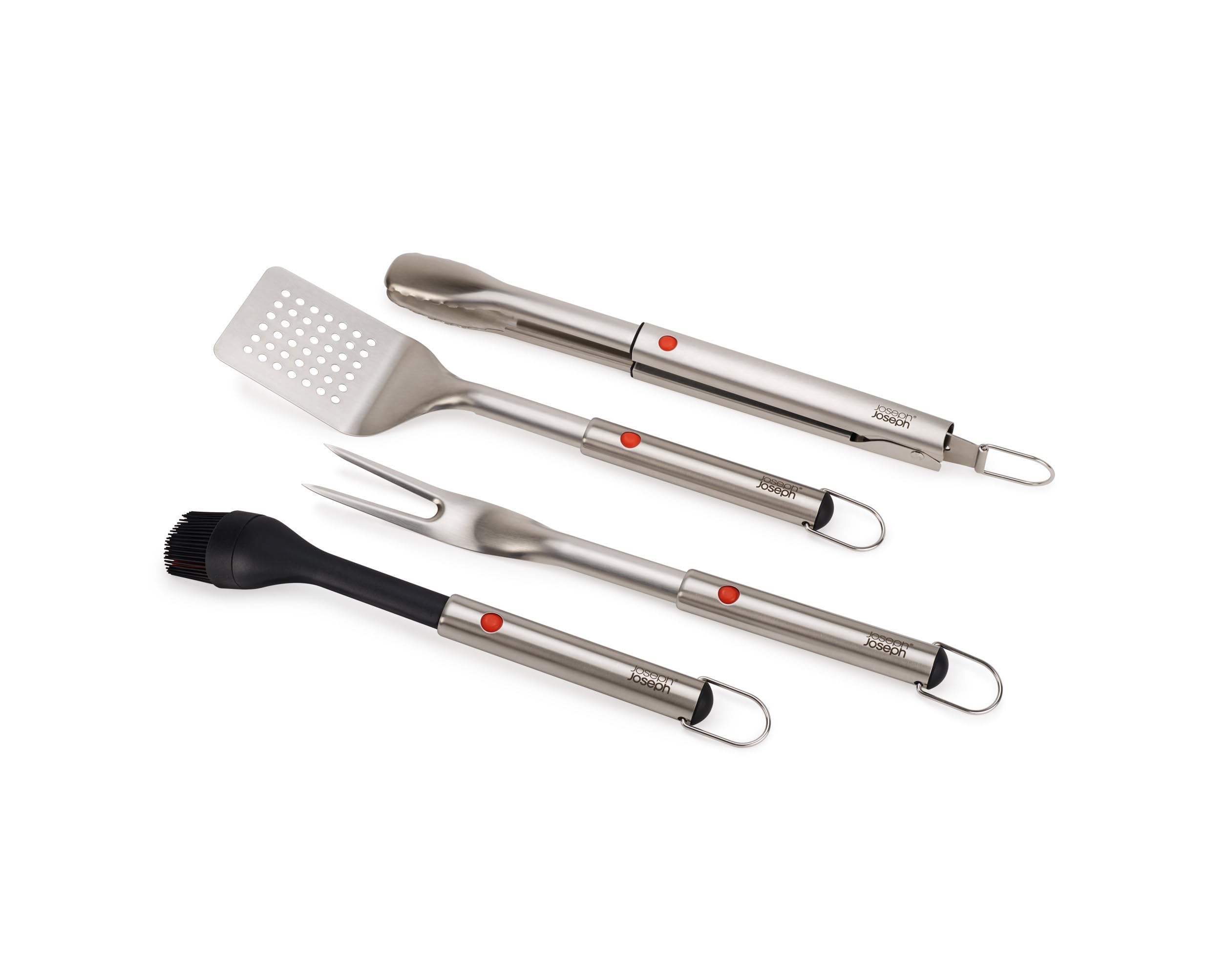 Joseph Joseph GrillOut Set di Utensili per BBQ in Acciaio Inox 4 Pezzi con Custodia, Spazzola, Pinze, Paletta e Forchetta, Manico Regolabile, Occhielli per Appendere