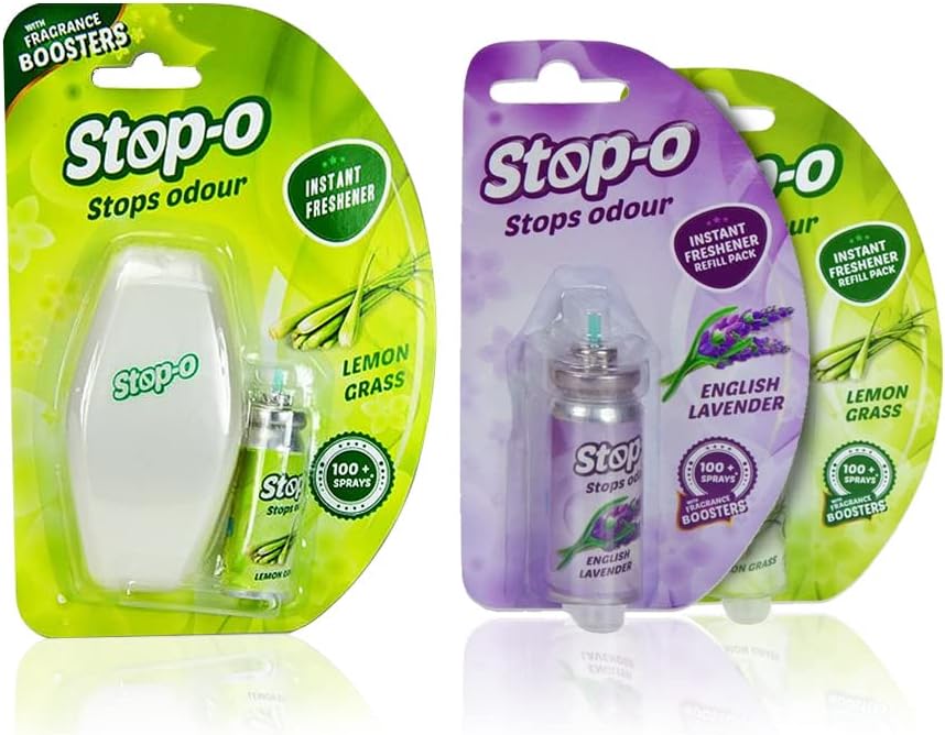 One Touch Power Spray, Instant Bathroom/Toilet Freshener with Lemongrass and English Lavender Fragrance Refill, Lasts for 100 Sprays (1 Dispenser + 3 Refills)