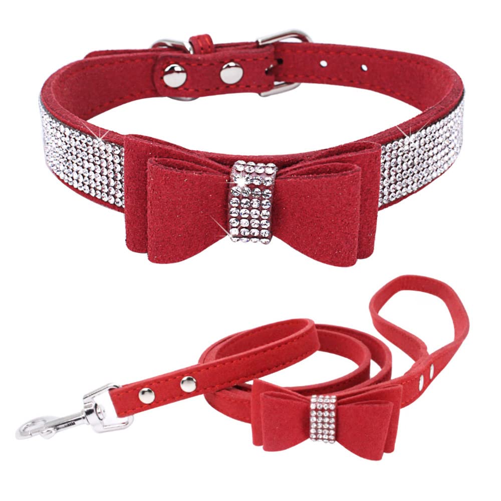 Red Rhinestone Dog Collar with Leash Set with Bow Tie, Bling Cat Collar with Bowtie Crystal Diamond Girl Puppy Collars for XXS Xs Small Medium Large