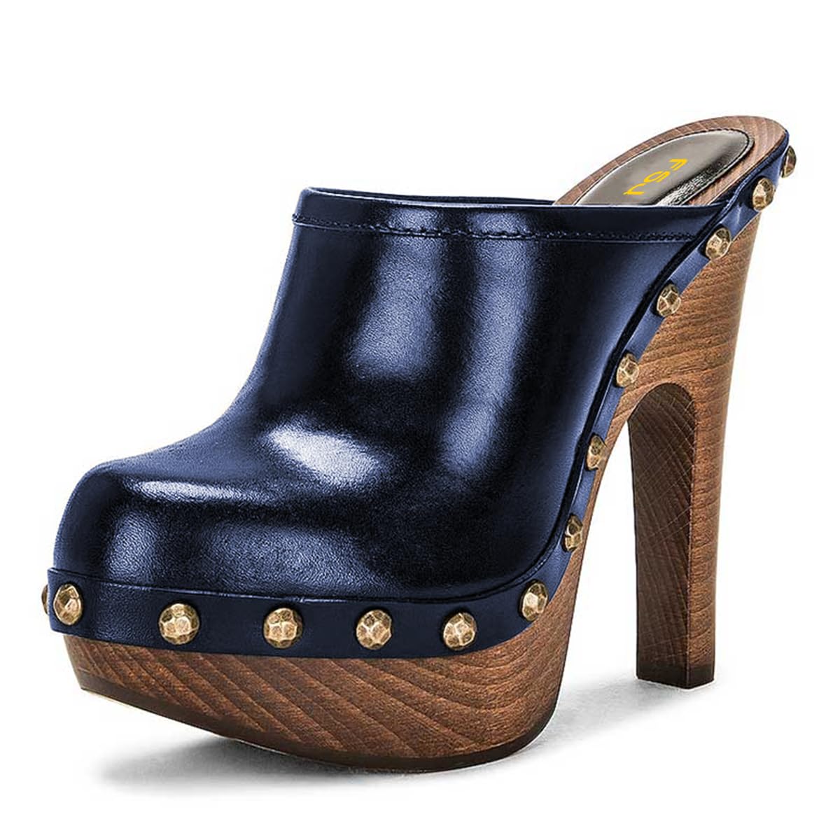 FSJ Women Closed Round Toe Mules Wooden Block High Heel Clogs Slip On Studded Platform Sandals Vintage Casual Dress Slide Shoes Size 4-16 US