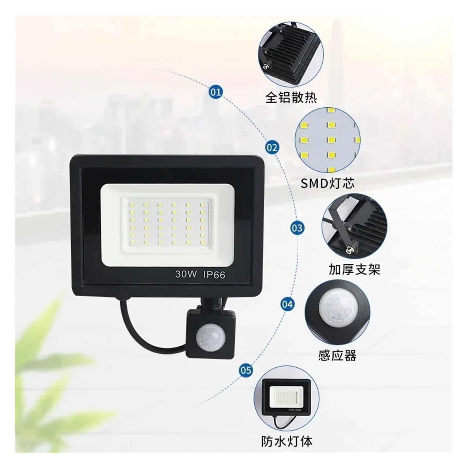 Światło ciekłokrystaliczne Naświetlacze LED 100W 50W 30W 20W 10W czujnik ruchu PIR IP66 wodoodporna dioda LED wisząca zewnętrzna zewnętrzna lampa ścienna reflektor Super jasne i energooszczędne(Cold W