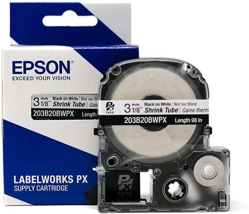 Epson LABELWORKS 203B20BWPX Tape Cartridge - Black on White Shrink Tube Industrial Label Maker Tape - AWG 14-22, 1/8" (3MM) Wide, 8 ft (98")