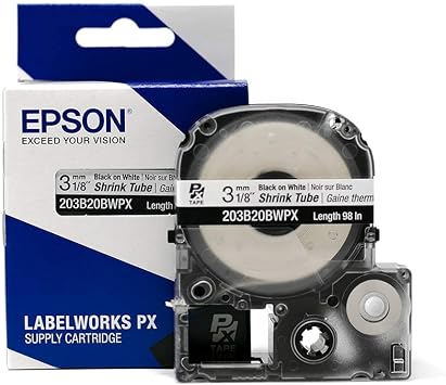 Epson LABELWORKS 203B20BWPX Tape Cartridge - Black on White Shrink Tube Industrial Label Maker Tape - AWG 14-22, 1/8" 3MM Wide, 8 ft 98"