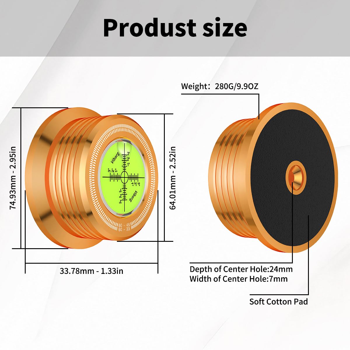 Viborg Turntable Stabilizer Phono LP Record Weight, Gold 60Hz Vinyl Record Player Clamp, 280G (9.9 OZ) HiFi 3 in 1 Turntable Level with Bubble Leveling Balanced for Record Player?LP628G?