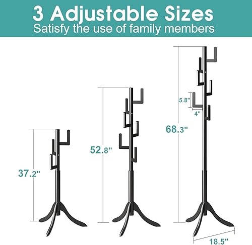 Miniatura 5 de Vriccc Perchero negro independiente, árbol de bambú de cactus, soporte de madera de altura ajustable con 6 ganchos, perchero para niños, utilizado