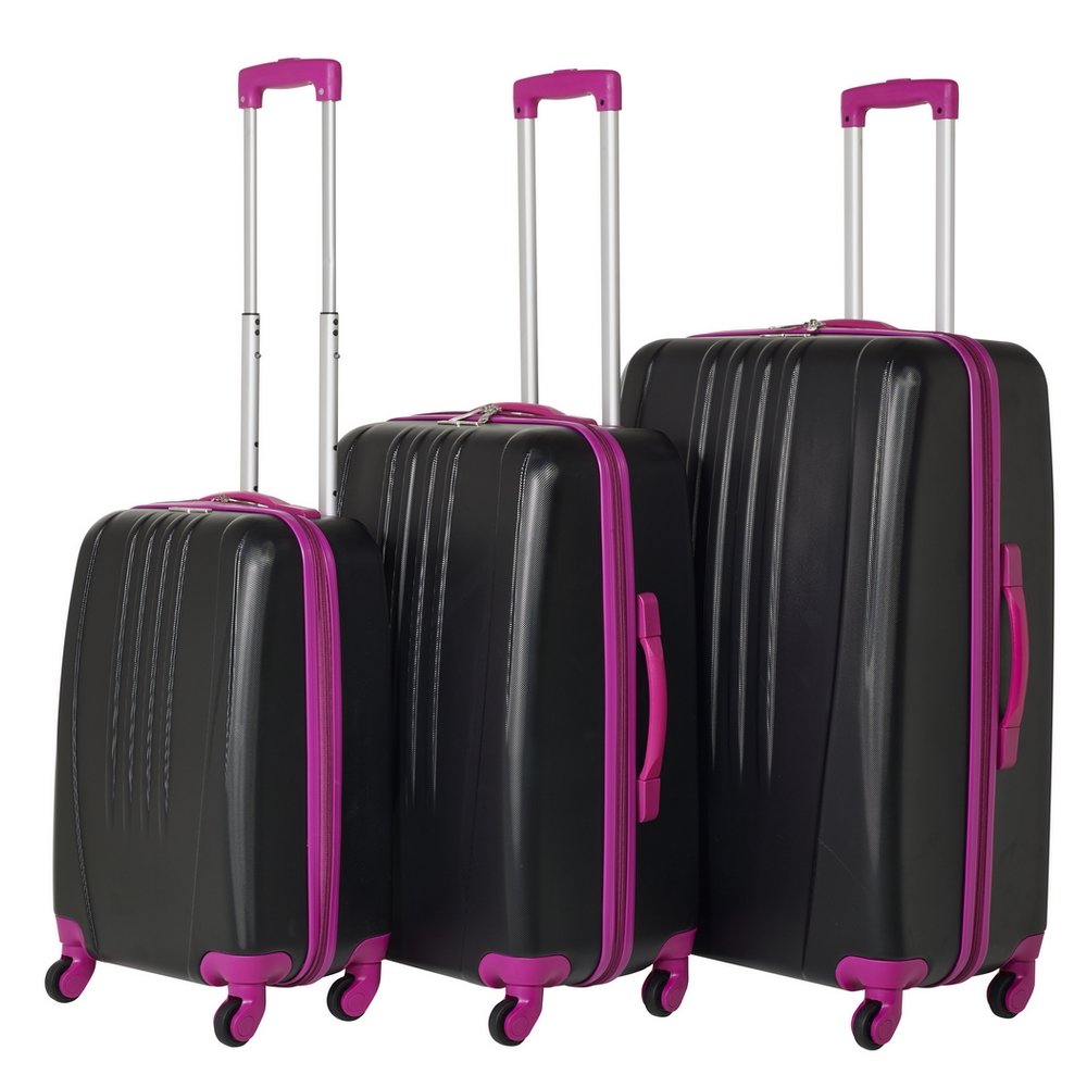 Swiss Case Luggage 4 Wheel Spinner Bold 3 Piece ABS Hard Shell Suitcase Set (Black/Pink)