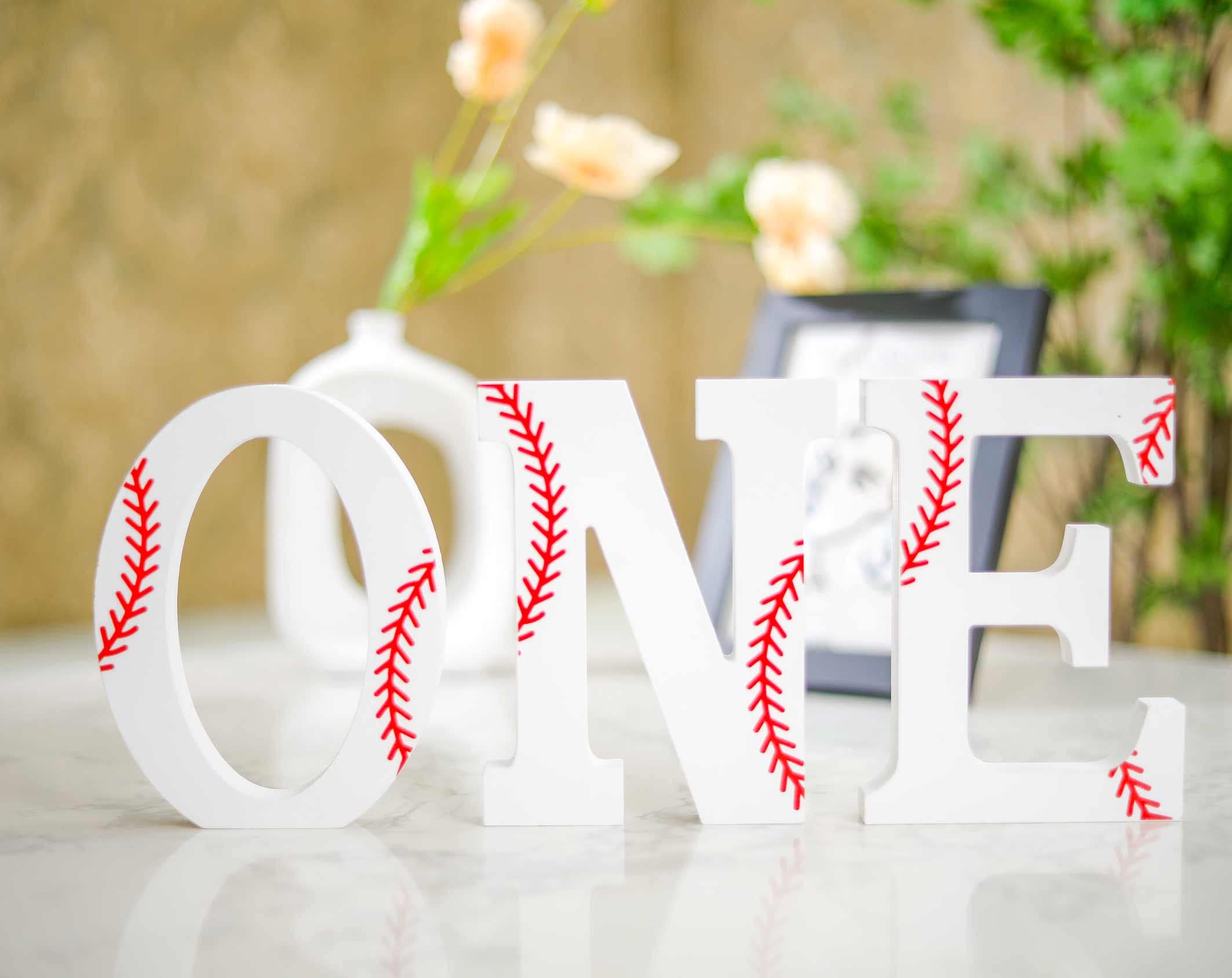 FAVDEC Baseball Wood ONE Sign, Decorative Wooden Block Word Signs, Freestanding Wooden Letters,Set of 3 Baseball 6 Inch ONE Signs