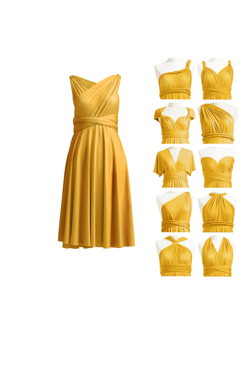 Short Multiway Bridesmaid Dress, Infinity Wrap Dress Midi, Knee Length, Formal Evening Gown Prom Wedding Guest, Mustard Yellow, M