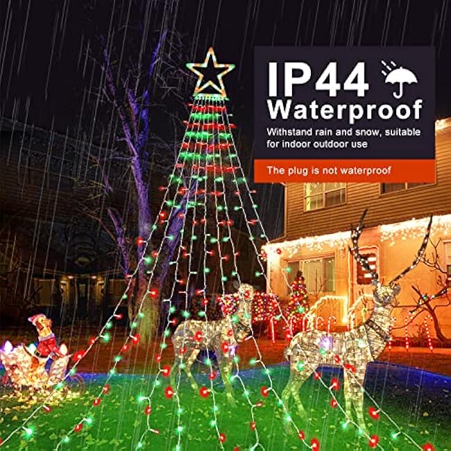 Christmas Decorations Star String Lights, 320 LEDs Outdoor Waterfall Tree Lights with 13 Topper Star, Plug in Waterproof Hanging Fairy Lights for Xmas New Year Holiday Party Decor (Red Green)
