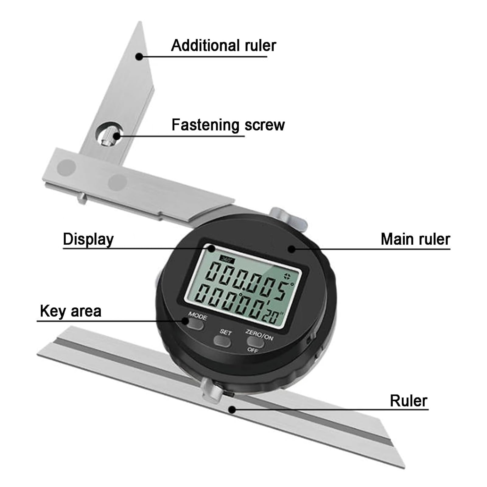 Goniómetro Universal Desmontable De Acero Inoxidable, Buscador Y Medidor De ángulos Ajustables (0-360°) con Pantalla Digital LCD, Resolución De 0,005° Y Diseñado para Carpintería
