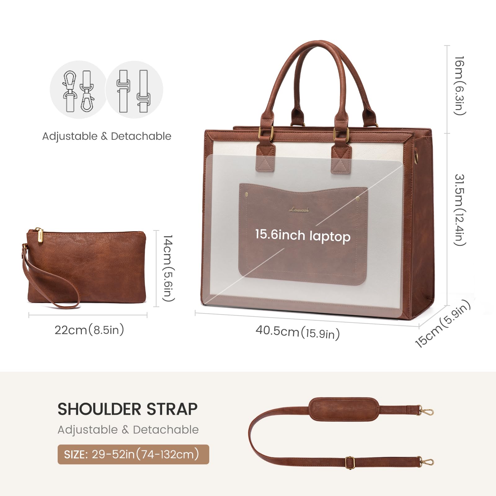 LOVEVOOK 15.6" Laptop Tote Bag For Women - Vintage Leather Look, Waterproof With Detachable Strap & Wristlet