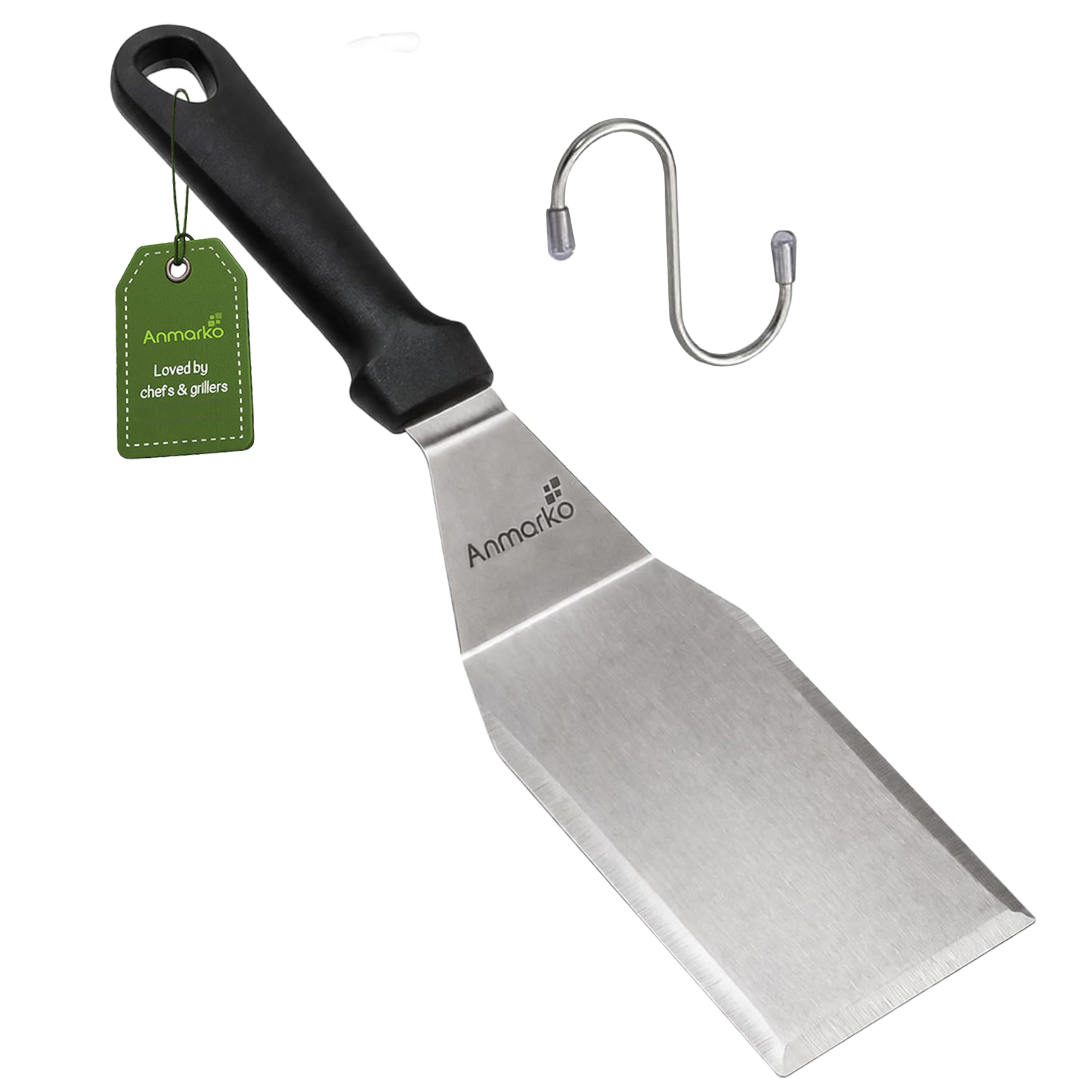 Anmarko Stainless Steel Metal Spatula, Hamburger Turner with Black Handle and S-Hook