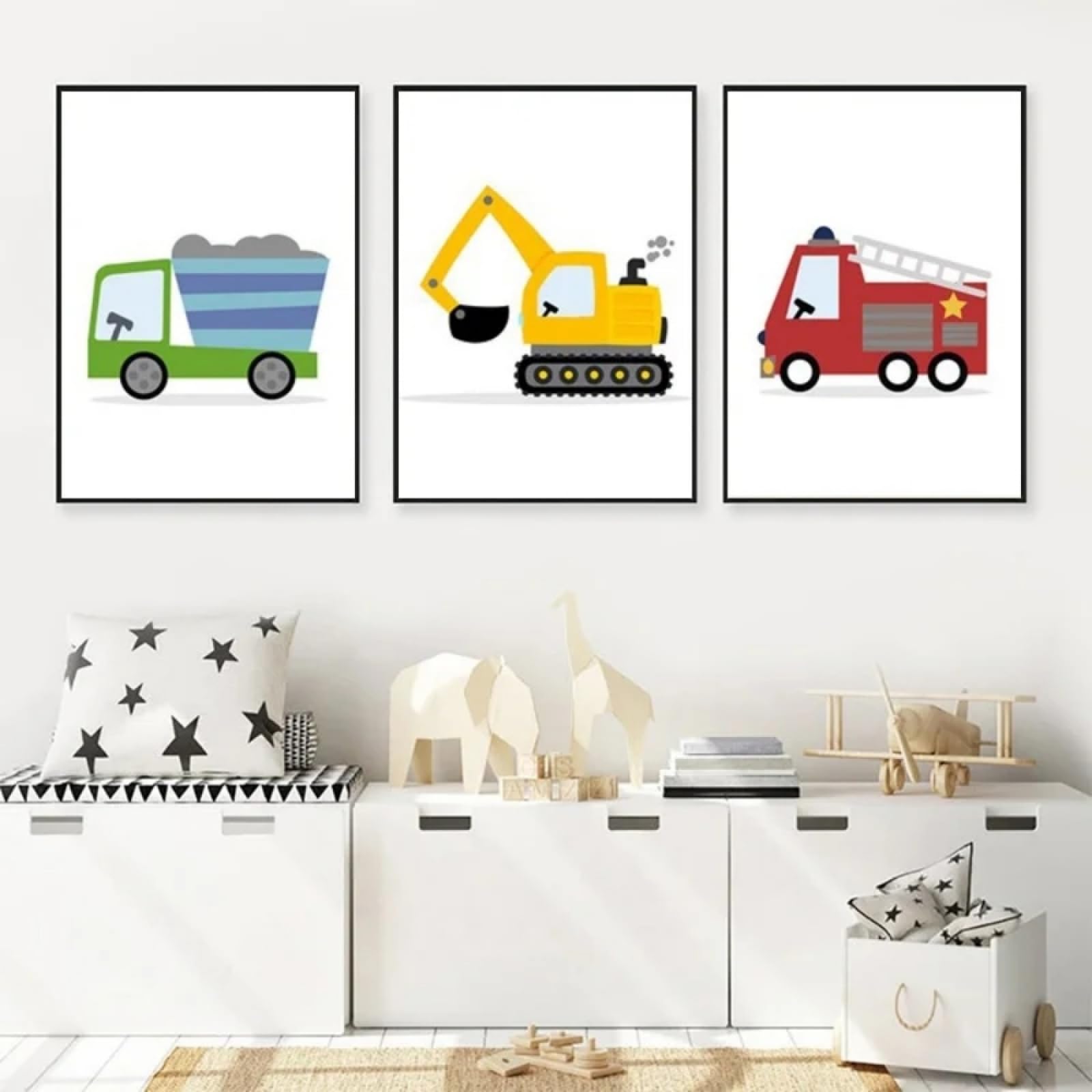 HURCP 3pcs Transportation Cartoon Excavator Truck Fire Engine Poster Print Wall Art Canvas Painting Baby Boy Room Decoration Gift Transport Nursery Pictures Home Decor,A3 (30X42CM)