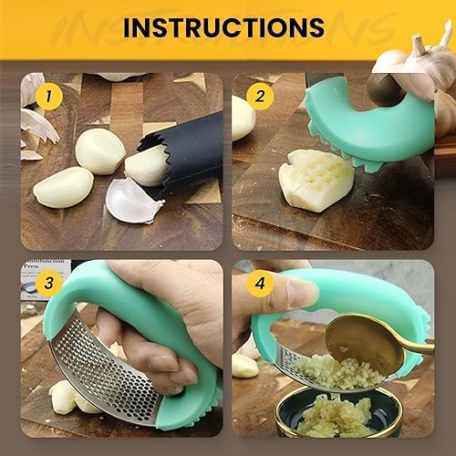 Miniatura 4 de Molinillo de ajo de acero inoxidable, trituradora de ajo con pelador y cepillo de limpieza, picadora de ajo fácil de usar para cocinar en la cocina,