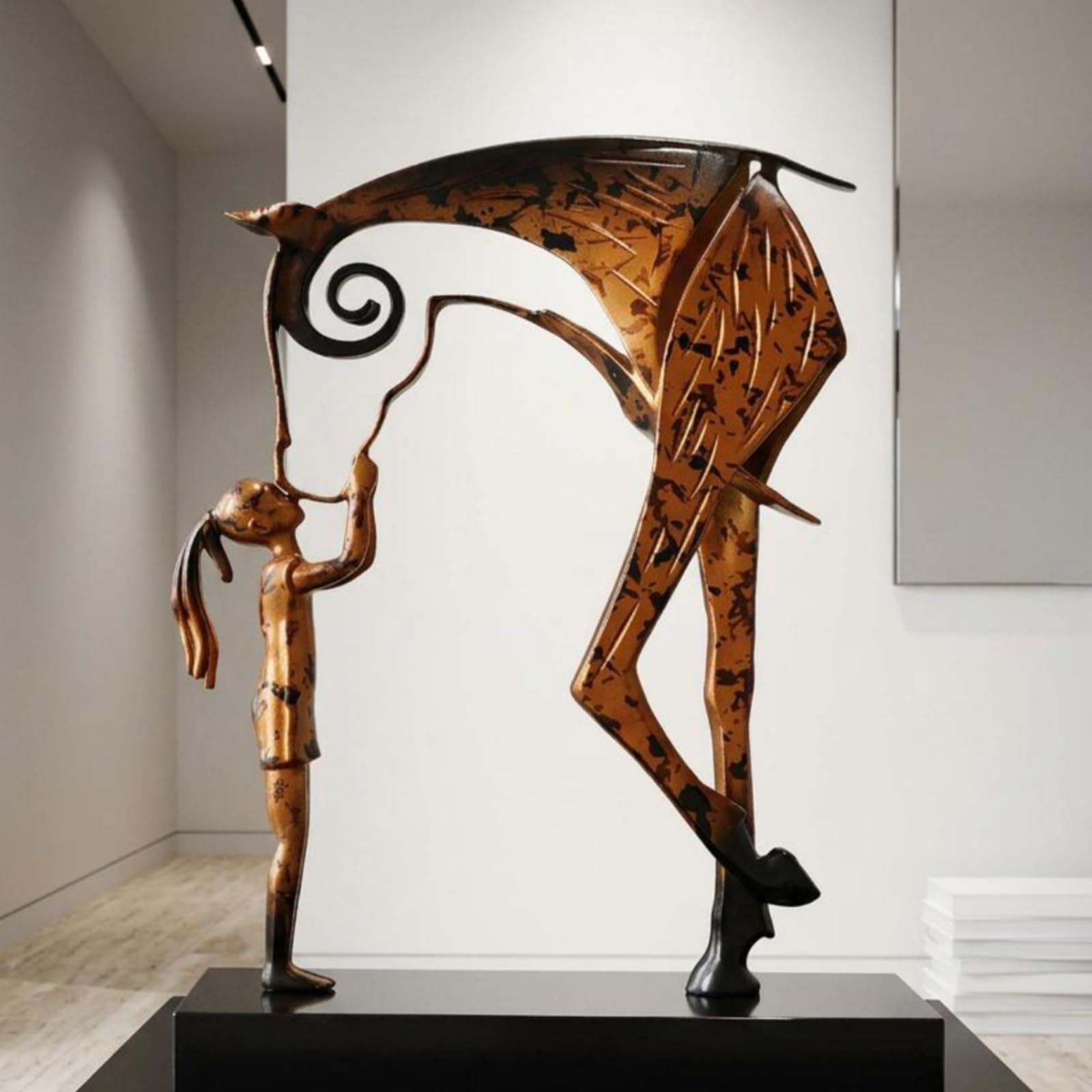 Scultura Statua Equestre Donna con Bambina Cavallo Statuina Moderna Lega di Zinco Base in Marmo Ornamento Artistico Minimal Adatto per Soggiorno Studio Scrivania Consolle Casa, Bronzo Antico